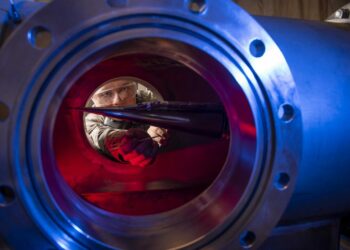Cadet 2nd Class Eric Hembling uses a Ludwieg Tube to measure the pressures, temperatures, and flow field of various basic geometric and hypersonic research vehicles at Mach 6 in The United States Air Force Academy's Department of Aeronautics, in Colorado Springs, Colo., on Jan. 31, 2019. (Joshua Armstrong/U.S. Air Force Academy via AP)