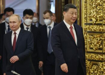 Russian President Vladimir Putin meets with Chinese leader Xi Jinping at the Kremlin in Moscow on March 21, 2023. (MIKHAIL TERESHCHENKO/SPUTNIK/AFP via Getty Images)