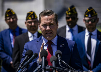 Rep. Mike Waltz (R-Fla.) speaks during a news conference on Capitol Hill with members of the American Legion in Washington on June 16, 2021. (Samuel Corum/Getty Images)