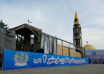A new surface-to-surface ballistic missile called Khaibar with a range of 2,000 km, unveiled by Iran, in Tehran, Iran, on May 25, 2023. (WANA (West Asia News Agency) via Reuters)