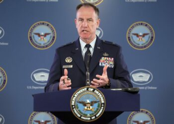 U.S. Department of Defense press secretary Gen. Patrick S. Ryder speaks at a press conference at the Pentagon in Arlington, Virginia, on April 13, 2023. (Kevin Dietsch/Getty Images)