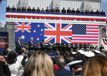 Australian Prime Minister Anthony Albanese (L), US President Joe Biden (C) and British Prime Minister Rishi Sunak hold a press conference after a trilateral meeting during the AUKUS summit in San Diego, Calif., on March 13, 2023. (Leon Neal/Getty Images)