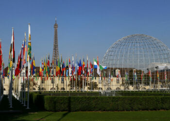 The Eiffel Tower, country flags and the Dome are seen from the garden of the UNESCO headquarters building during the 39th session of the General Conference in Paris. (Francois Mori/AP Photo, File)