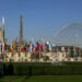 The Eiffel Tower, country flags and the Dome are seen from the garden of the UNESCO headquarters building during the 39th session of the General Conference in Paris. (Francois Mori/AP Photo, File)