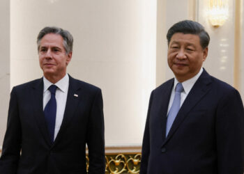 Chinese leader Xi Jinping receives U.S. Secretary of State Antony Blinken prior to their meeting at the Great Hall of the People in Beijing on June 19, 2023. (Leah Millis/Pool/AFP via Getty Images)