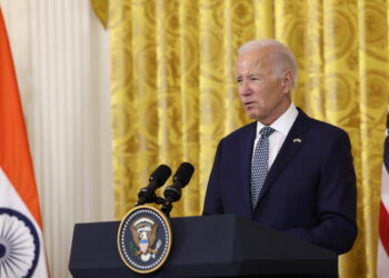 President Joe Biden delivers remarks during a joint press conference with Indian Prime Minister Narendra Modi at the White House in Washington, on June 22, 2023. (Anna Moneymaker/Getty Images)