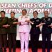 Yudo Margono (C), Commander of the Indonesian National Armed Forces, poses with ASEAN chief commanders for a group photo during the Association of Southeast Asian Nations (ASEAN) Chiefs of Defence Force Meeting (ACDFM) in Nusa Dua, on Indonesia's resort island of Bali, on June 7, 2023. (Sonny Tumbelaka/AFP via Getty Images)