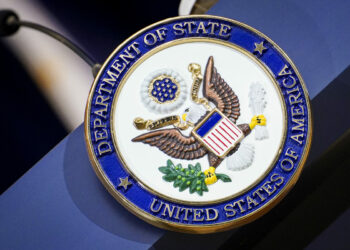 The podium at the State Department in Washington on April 11, 2023. (Madalina Vasiliu/The Epoch Times)