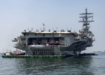 The USS Ronald Reagan (CVN 76), an aircraft carrier, during a goodwill visit in Manila, Philippines, on Oct. 14, 2022. (Eloisa Lopez/Reuters)